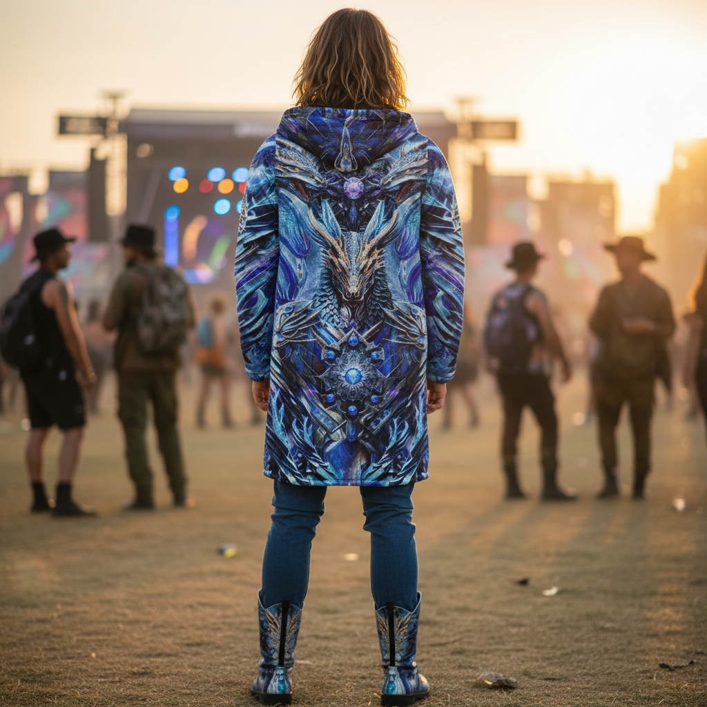 Electric Dragonscape Men's Festival Cloak detail view with alternative fashion