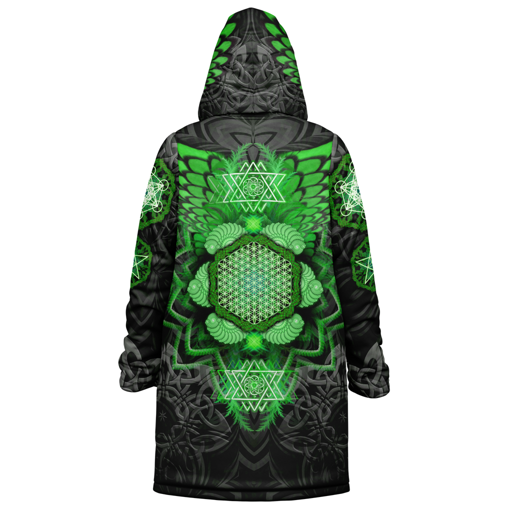 Angel Catcher Green Men's Festival Cloak detail view with psychedelic festival art