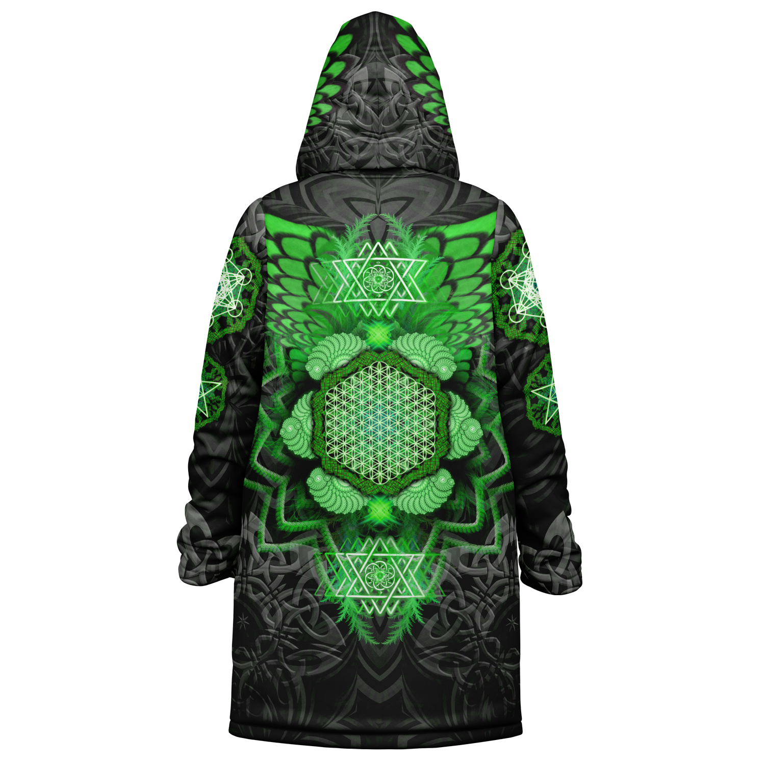 Angel Catcher Green Men's Festival Cloak detail view with psychedelic festival art