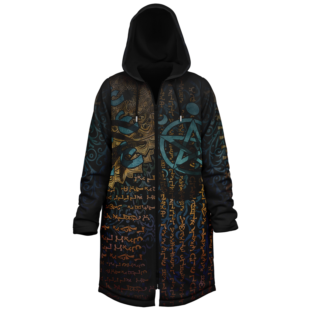 Enochian Vision Teal Men's Festival Cloak side view with trippy visionary art