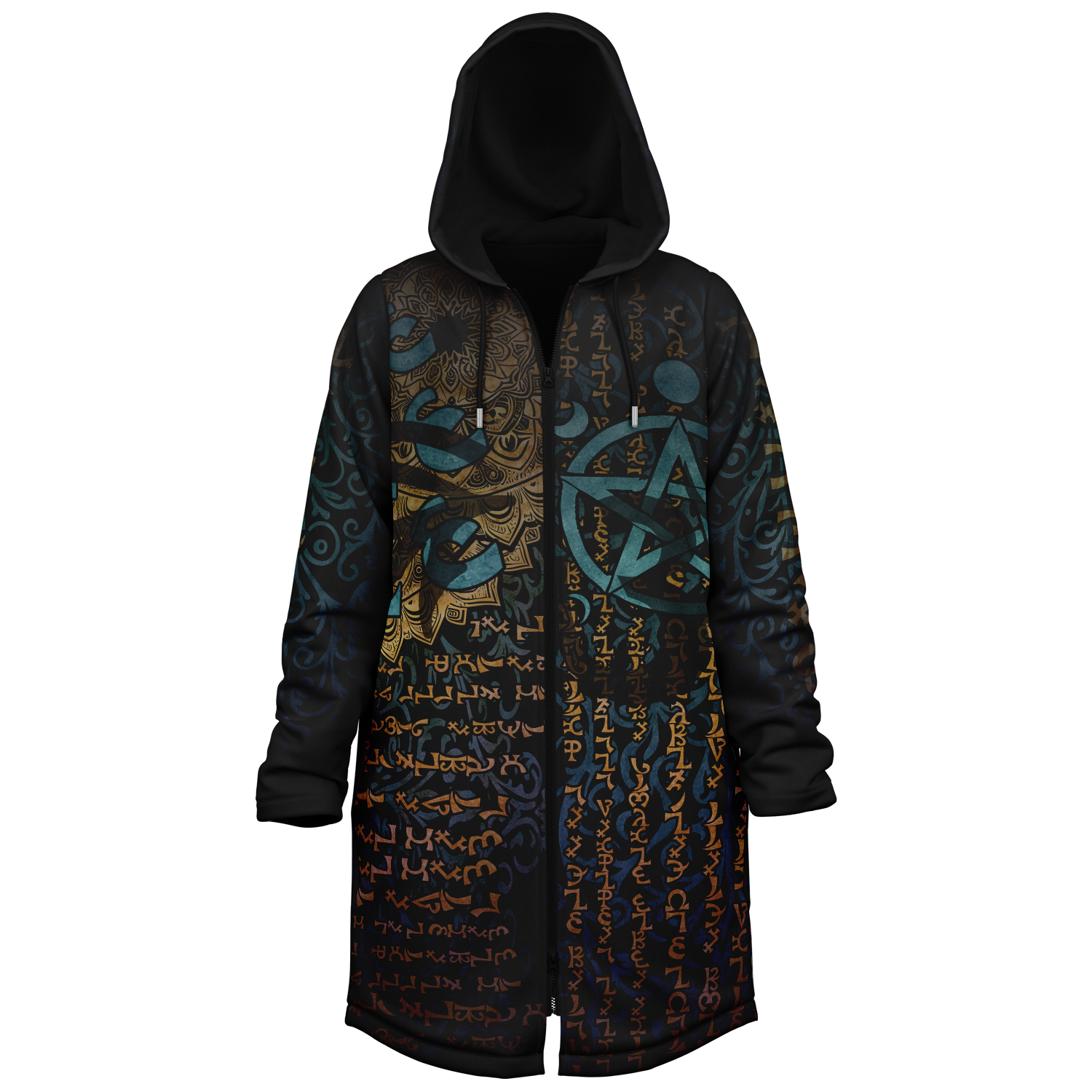 Enochian Vision Teal Men's Festival Cloak side view with trippy visionary art