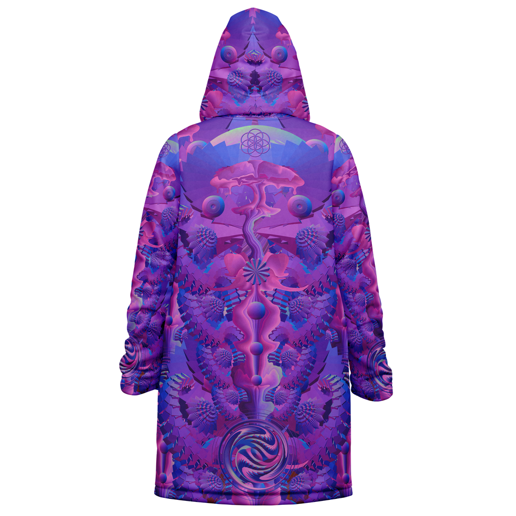Purple Shroom Flower Of Life Women's Festival Cloak detail view with spiritual fashion