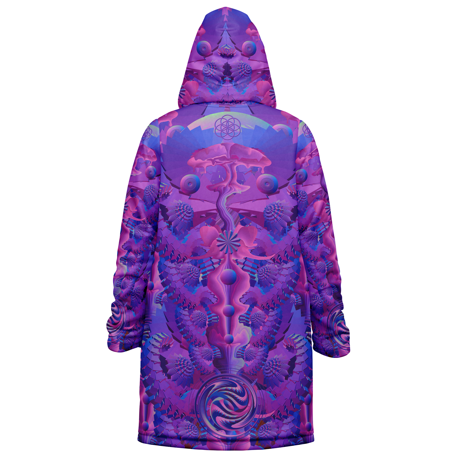 Purple Shroom Flower Of Life Women's Festival Cloak detail view with spiritual fashion