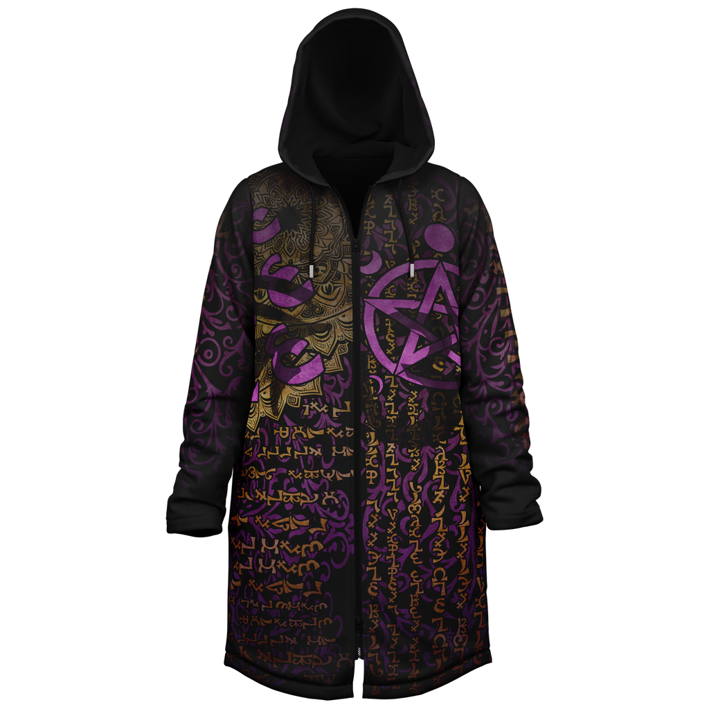 Enochian Vision Pink Women's Festival Cloak side view with occult-inspired art