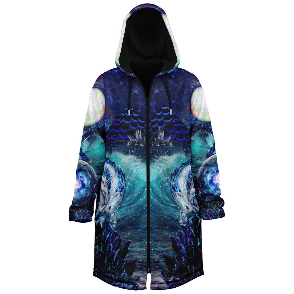 Blue Sorceress Men's Festival Cloak side view with psychedelic art