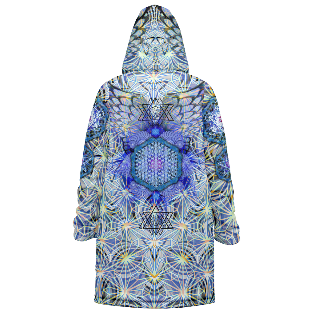 Angel Catcher Light Blue Men's Festival Cloak detail view with psychedelic festival art
