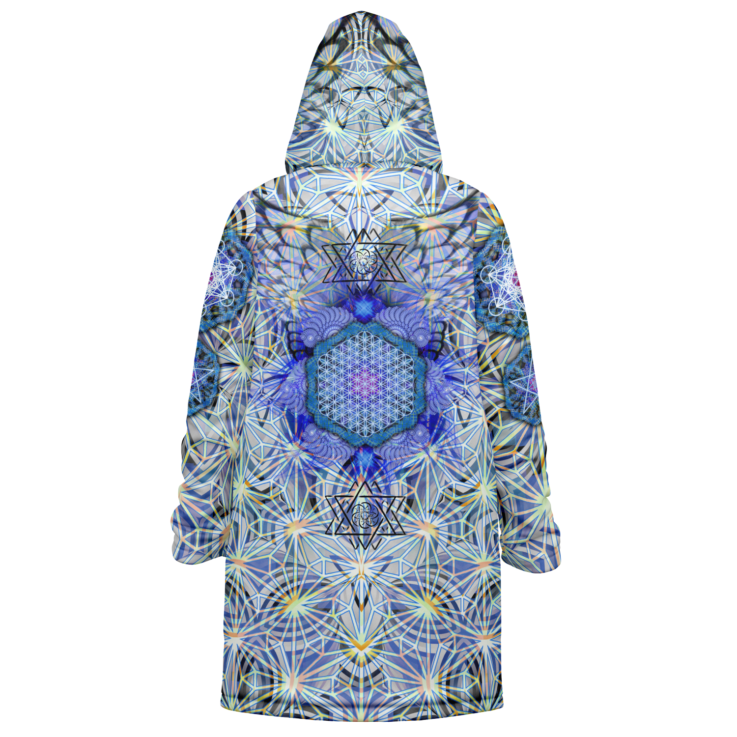 Angel Catcher Light Blue Men's Festival Cloak detail view with psychedelic festival art