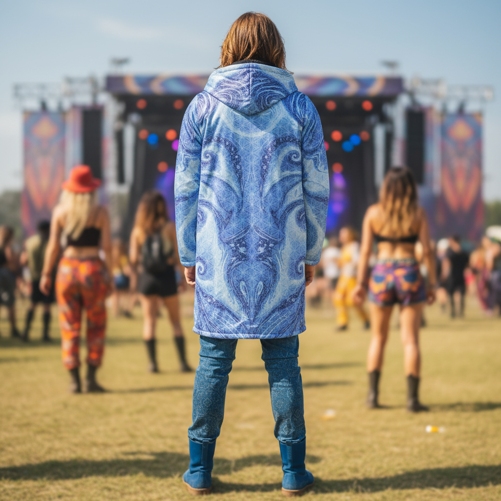 Blue Cosmic Flower Of Life Men's Festival Cloak detail view with spiritual fashion
