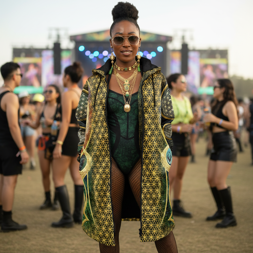 Mystic Eye Gold Women's Festival Cloak detail view with alternative fashion