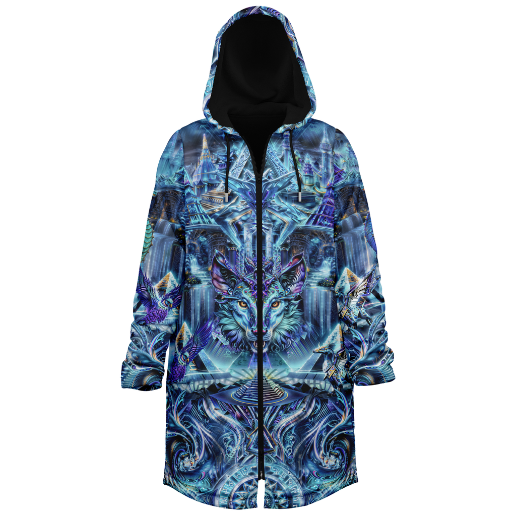 Dream Weaver Blue Women's Festival Cloak side view with visionary art