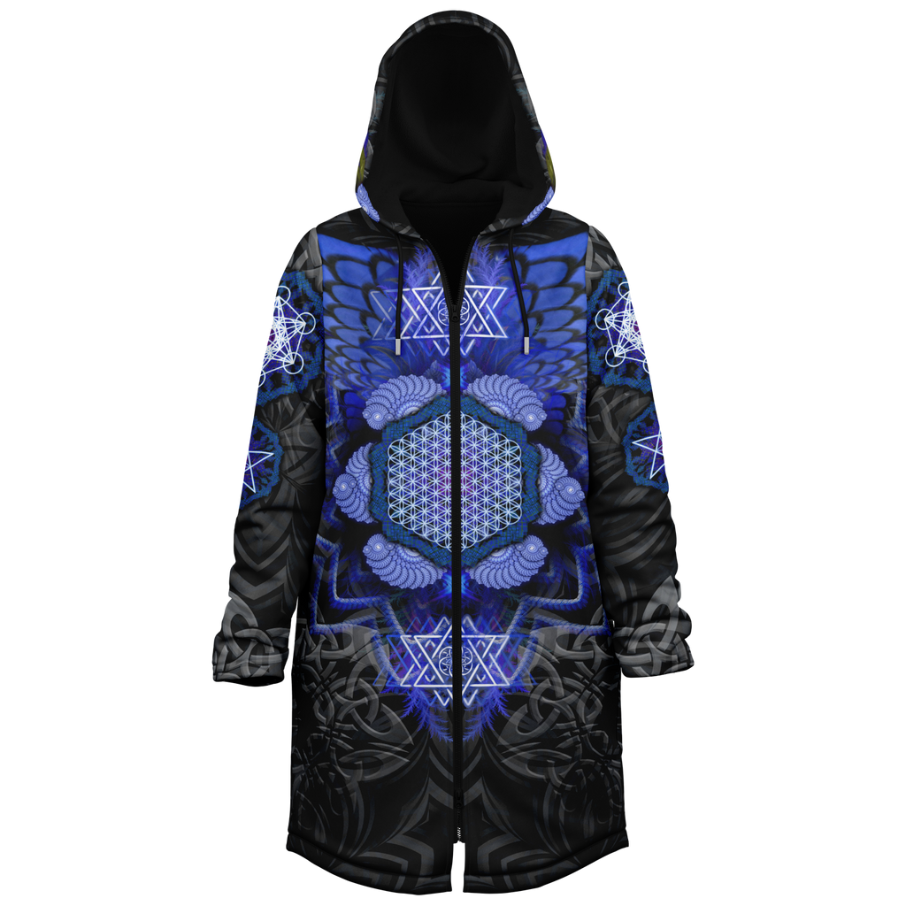 Angel Catcher Blue Men's Festival Cloak back view with psychedelic festival art