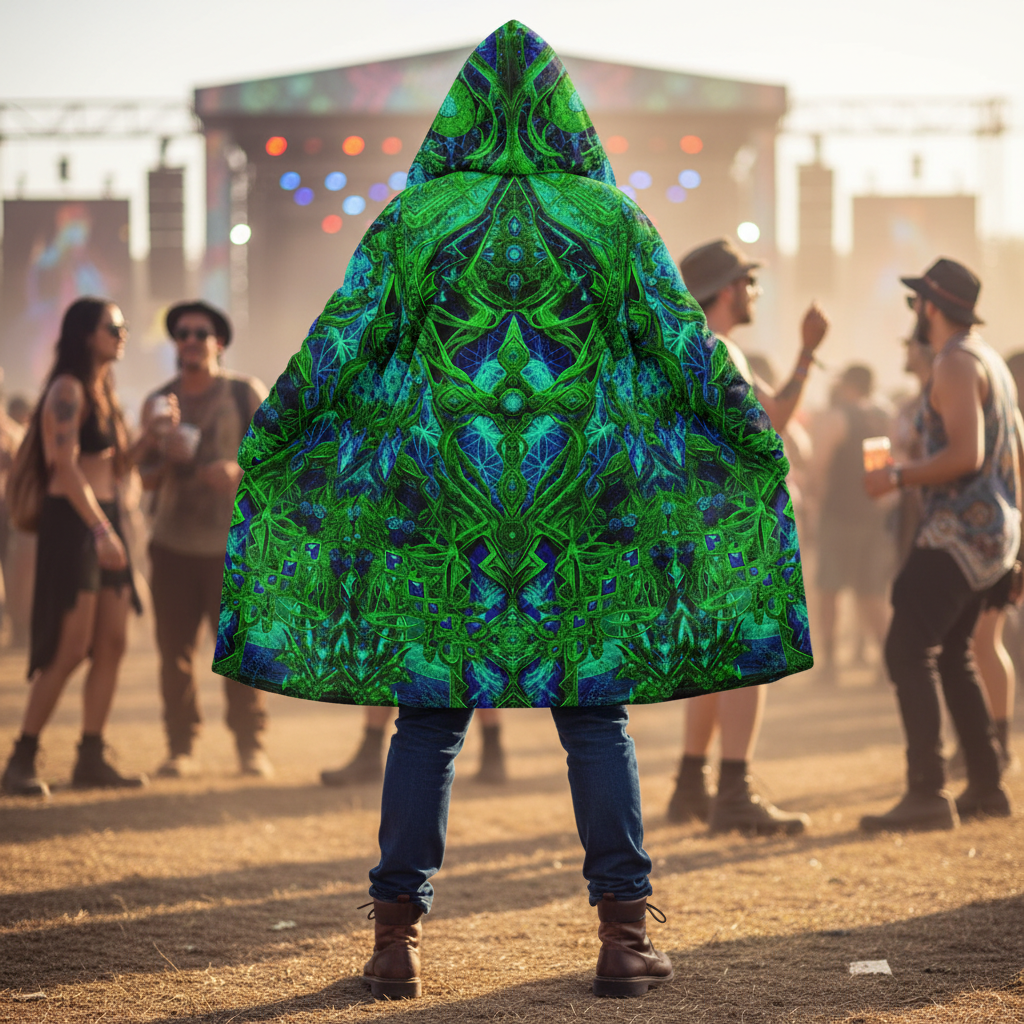 Cosmic Cross Green Men's Festival Cloak front view with festival cloak