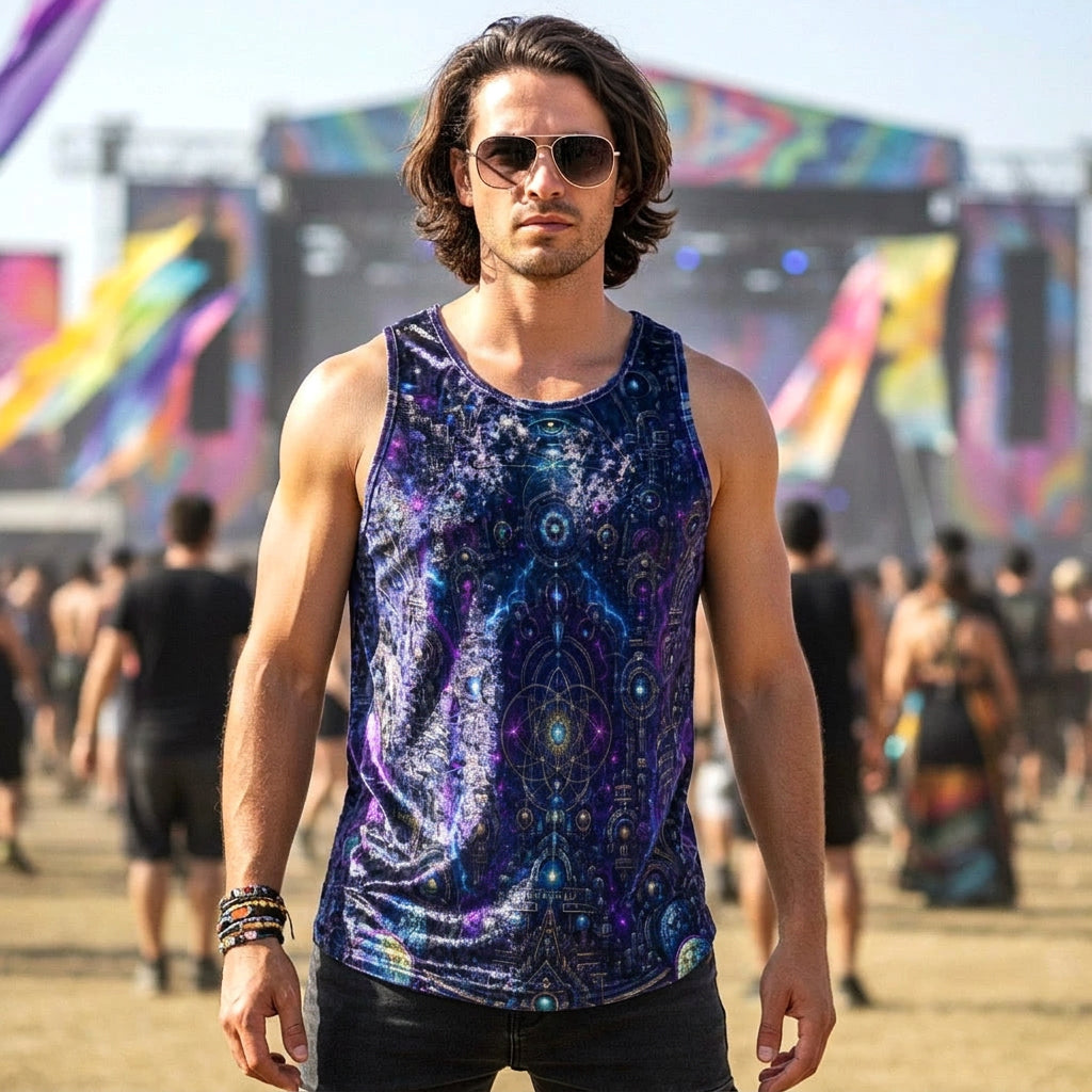 A man wearing a sleeveless tank top with a detailed cosmic mandala print in shades of blue, purple, and black, standing at an outdoor festival with blurred stage lights and people in the background.