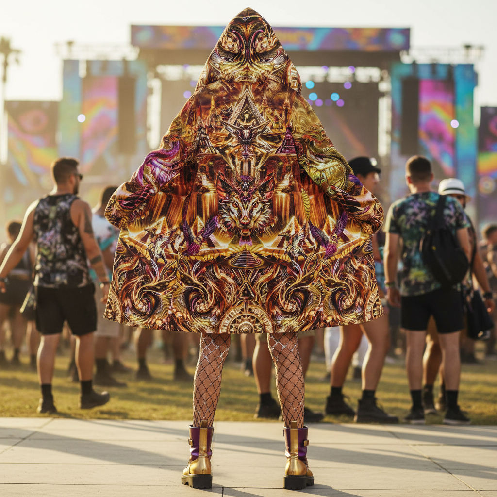 A person standing at a festival wearing a large, hooded cloak with an elaborate visionary art design with multicolor print in gold, purple, orange, and brown. The background shows other festival-goers and a stage in an outdoor setting.