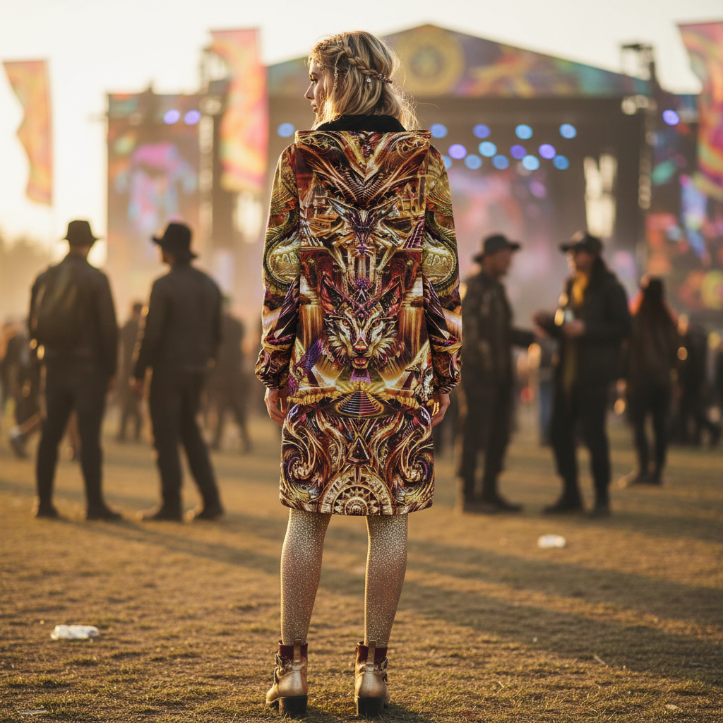 A woman viewed from the back wearing a long hooded jacket rave cloak with an all-over abstract spirt animal, wolf and dragon print in gold, brown, orange, purple, and black, at a music festival or rave.