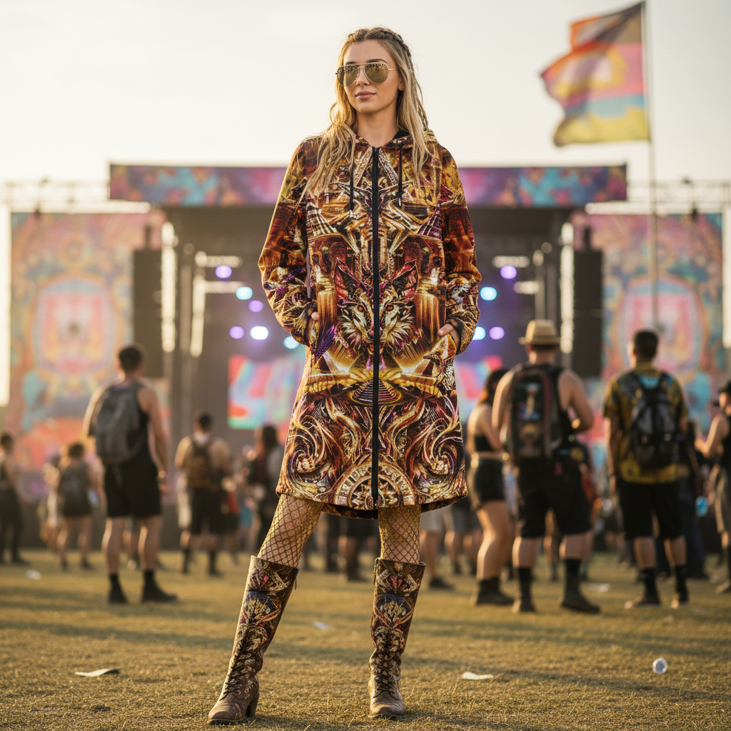 A woman modeling a hooded longline cloak with an intricate, colorful abstract print featuring gold, orange, red, and purple tones, at a music festival or outdoor concert