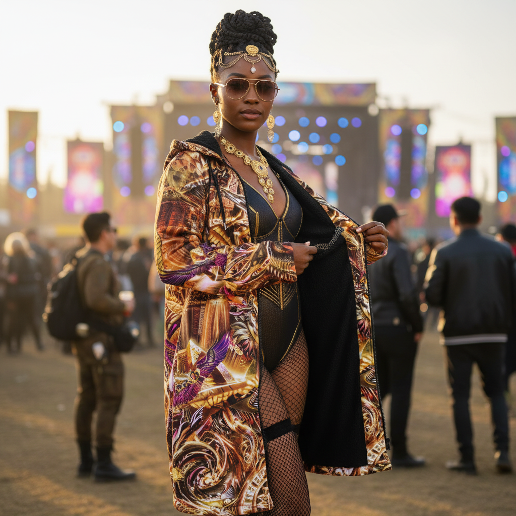 A woman stands outdoors at a festival or event, wearing a long, ornate patterned cloak over a black outfit with fishnet stockings and gold jewelry. The background shows blurred people and stage lighting.