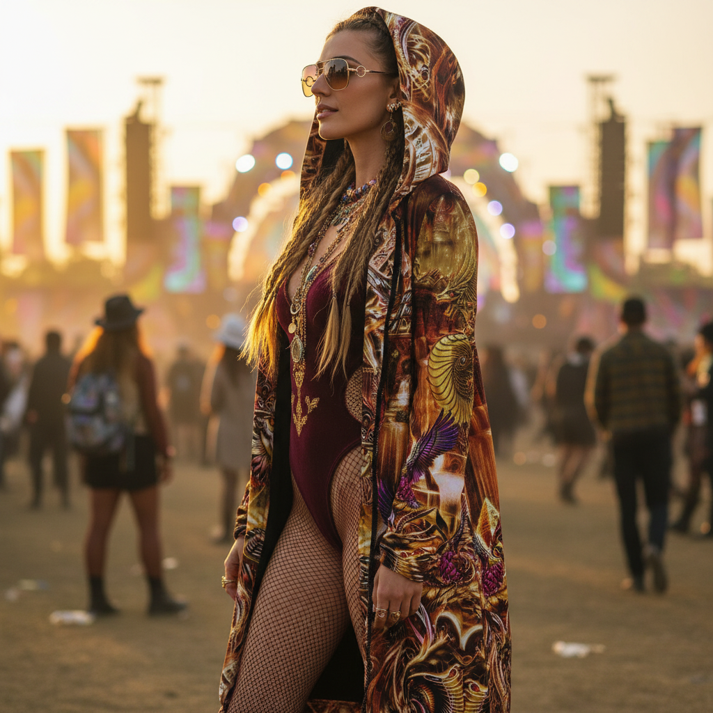 A woman stands at an outdoor festival or concert venue wearing a long, ornate patterned coat or festival cloak over a deep burgundy bodysuit with fishnet stockings and patterned boots. The background shows a blurred stage with colorful lights and other people in the crowd.