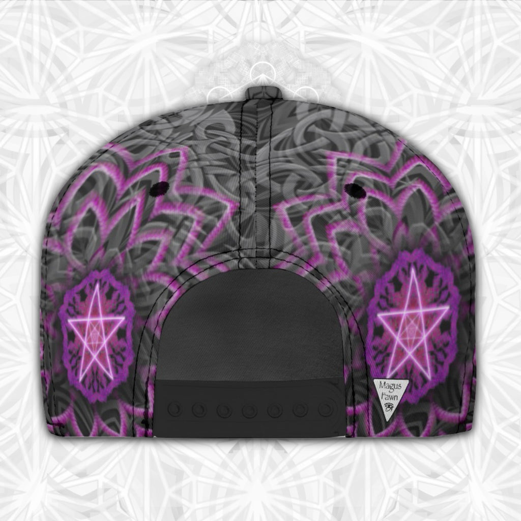 Cap with pink sacred geometry star designs on a gray patterned background