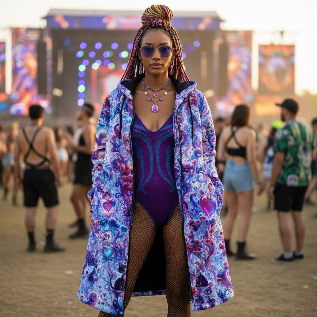 Valentine Day Cats Women's Festival Cloak back view with EDM festivals