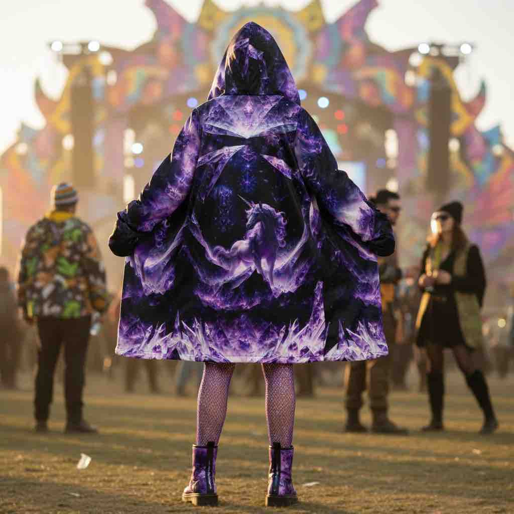 Amethyst Unicorn Festival Cloak front view with sacred geometry cloak