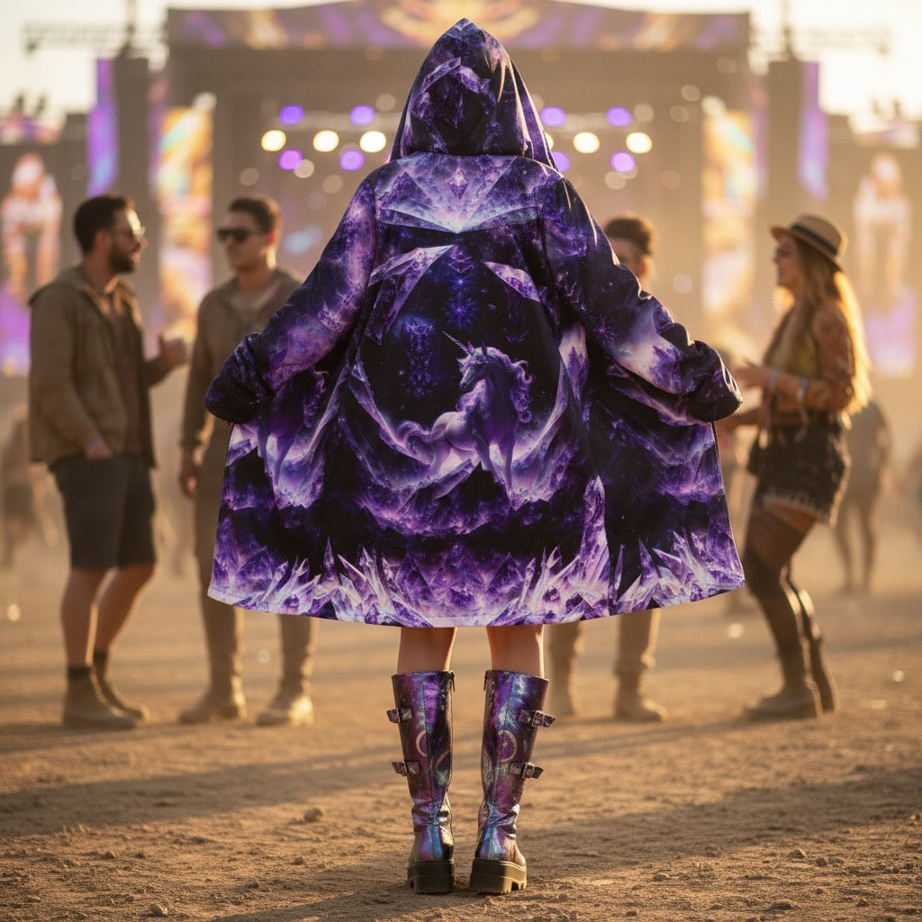 Amethyst Unicorn Festival Cloak back view with psytrance events