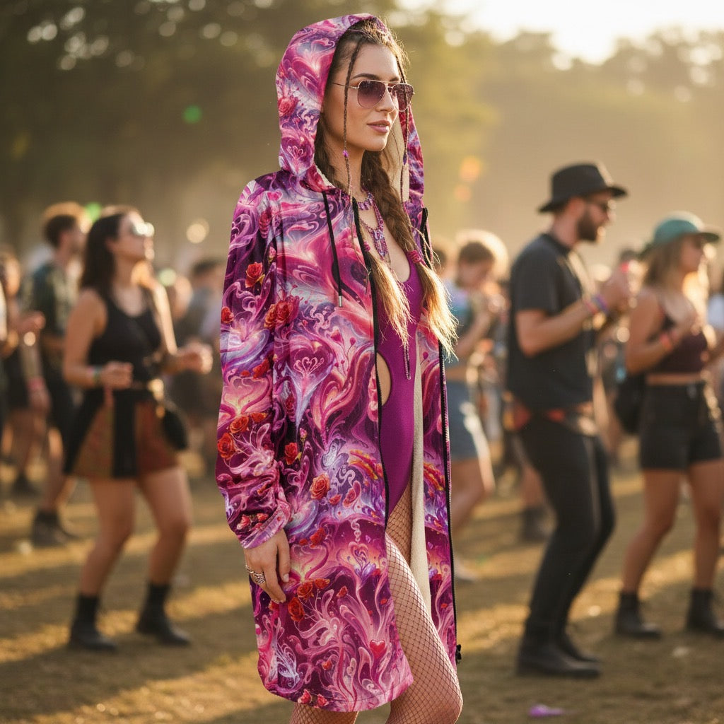 Hearts Roses Women's Festival Cloak back view with music festivals