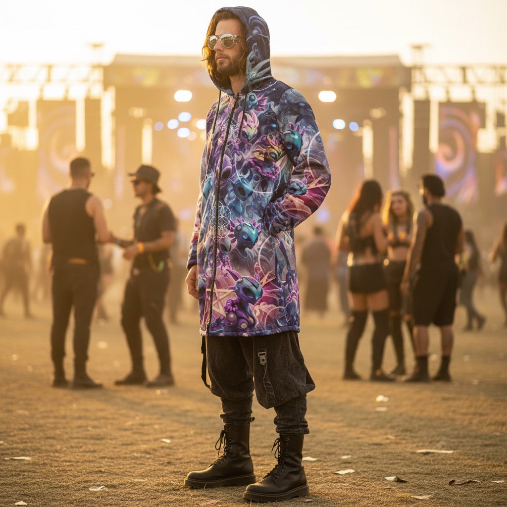 Alien Dimensions Men's Festival Cloak side view with sacred geometry art