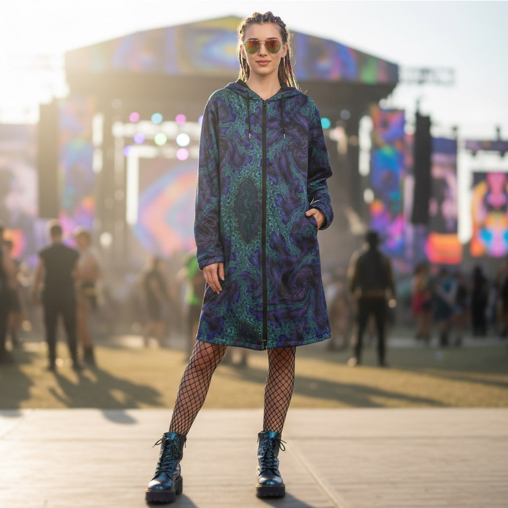 Feathery Fractal Women's Festival Cloak side view with psychedelic art
