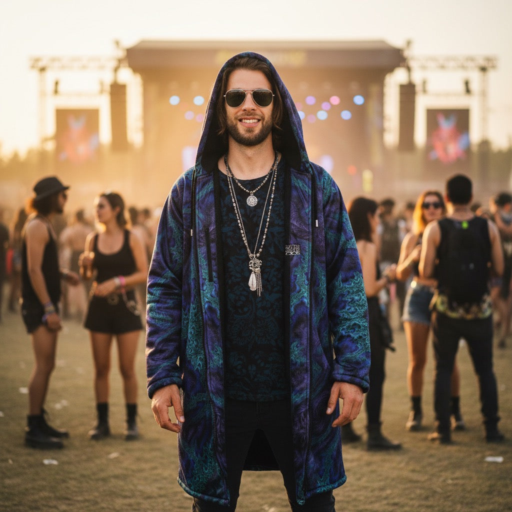 Feathery Fractal Men's Festival Cloak side view with visionary art and feathery fractal artwork