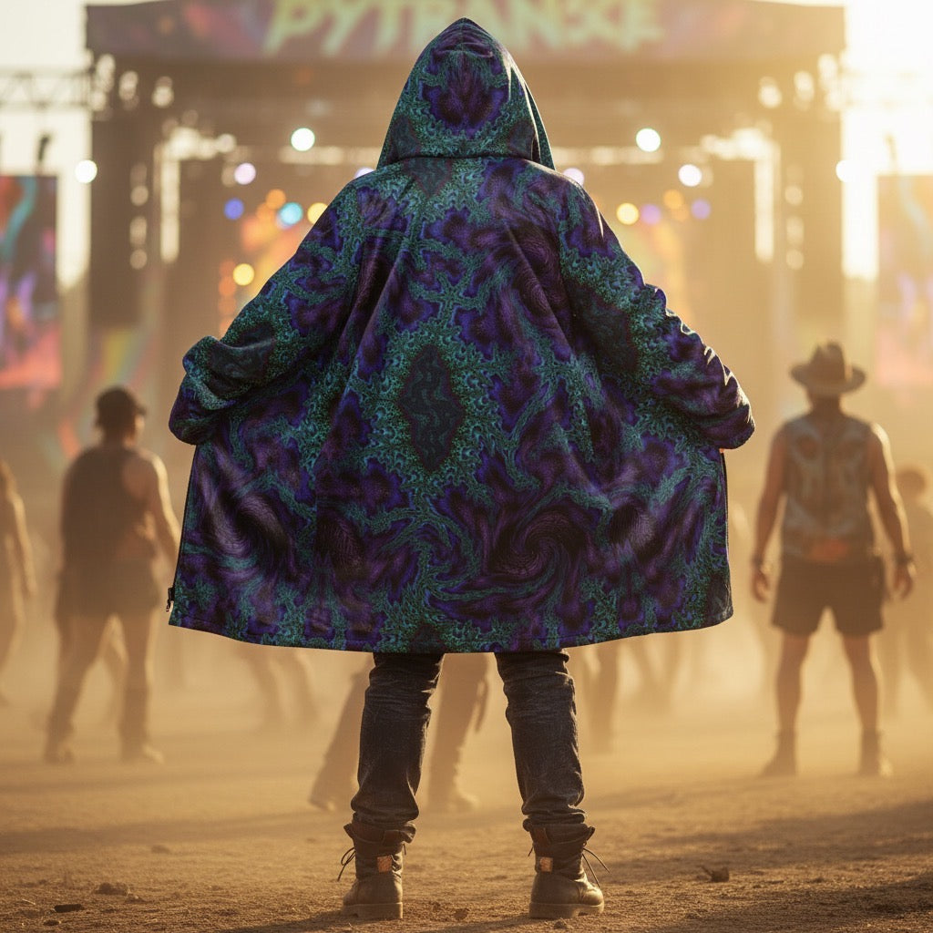 Feathery Fractal Men's Festival Cloak front view with sacred geometry and feathery fractal artwork