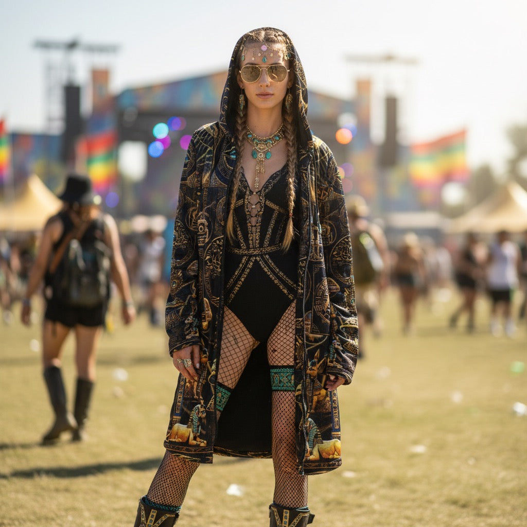 Egyptian Atlantis Women's Festival Cloak side view with occult-inspired art