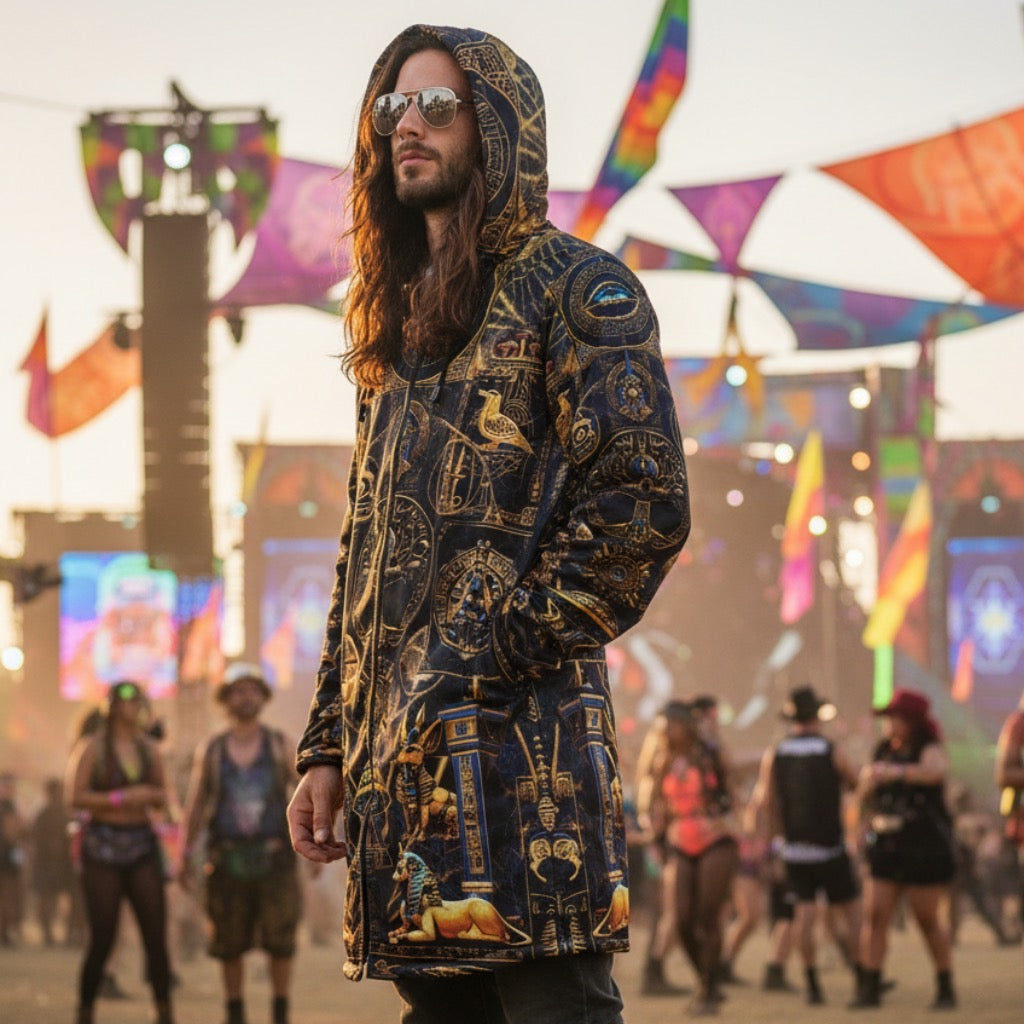 Egyptian Atlantis Men's Festival Cloak front view with mystical clothing and egyptian atlantis artwork