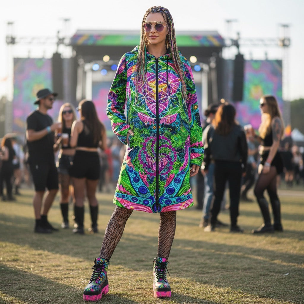 Psy Tribal Shroom Festival Cloak back view with music festivals