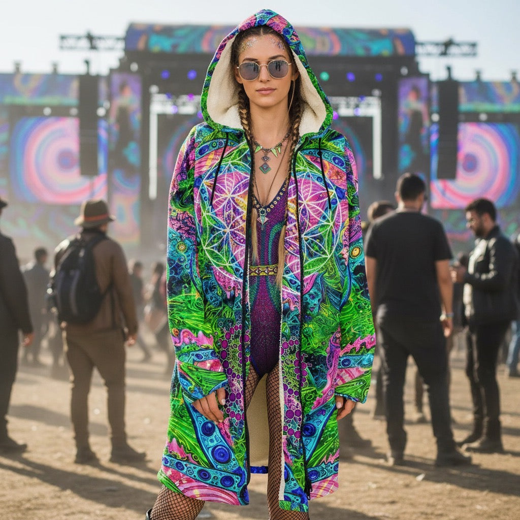 Psy Tribal Shroom Festival Cloak side view with occult-inspired art