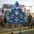 Alien Cyberpunk Mech Women's Festival Cloak front view with sacred geometry cloak