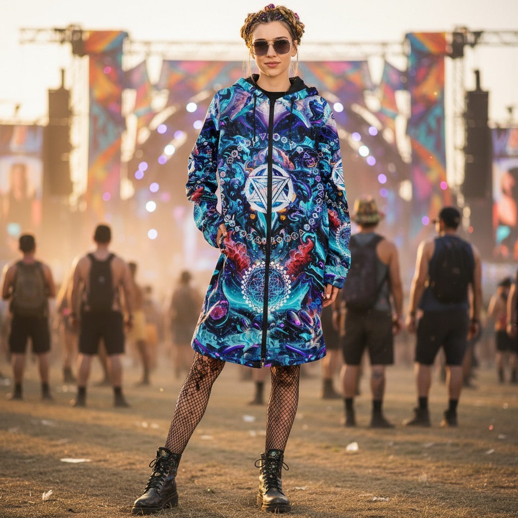 Alien Cyberpunk Mech Women's Festival Cloak side view with sacred geometry art