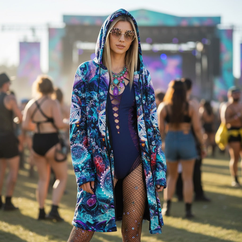 Alien Cyberpunk Mech Women's Festival Cloak back view with psytrance events