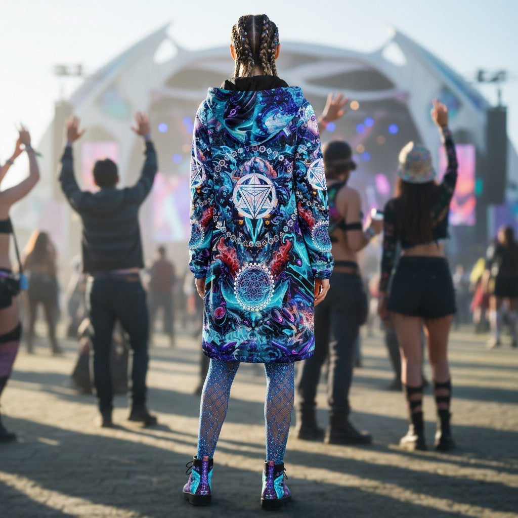 Alien Cyberpunk Mech Women's Festival Cloak detail view with spiritual fashion