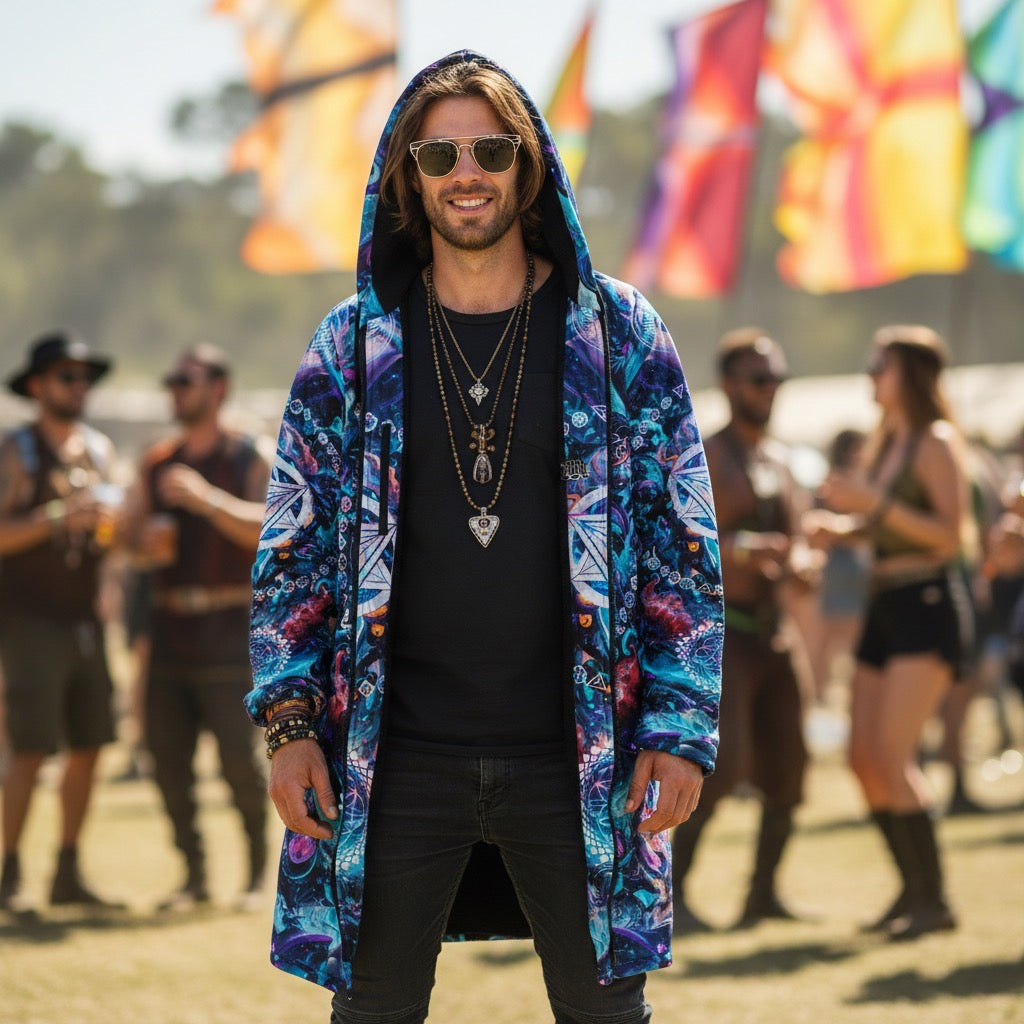 Alien Cyberpunk Mech Men's Festival Cloak side view with rave cloak and alien cyberpunk mech artwork