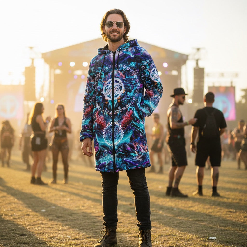 Alien Cyberpunk Mech Men's Festival Cloak back view with festival wear and alien cyberpunk mech artwork