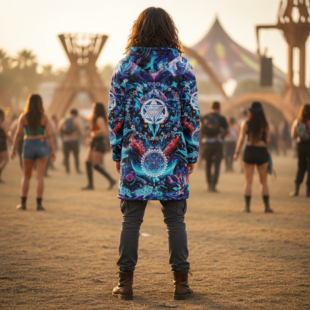 Alien Cyberpunk Mech Men's Festival Cloak detail view with EDM festival fashion and alien cyberpunk mech artwork