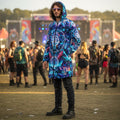 Alien Cyberpunk Mech Men's Festival Cloak front view with festival cloak and alien cyberpunk mech artwork