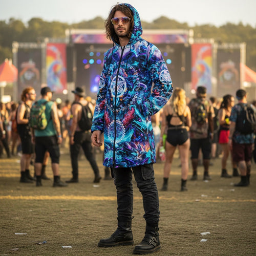 Alien Cyberpunk Mech Men's Festival Cloak front view with festival cloak and alien cyberpunk mech artwork