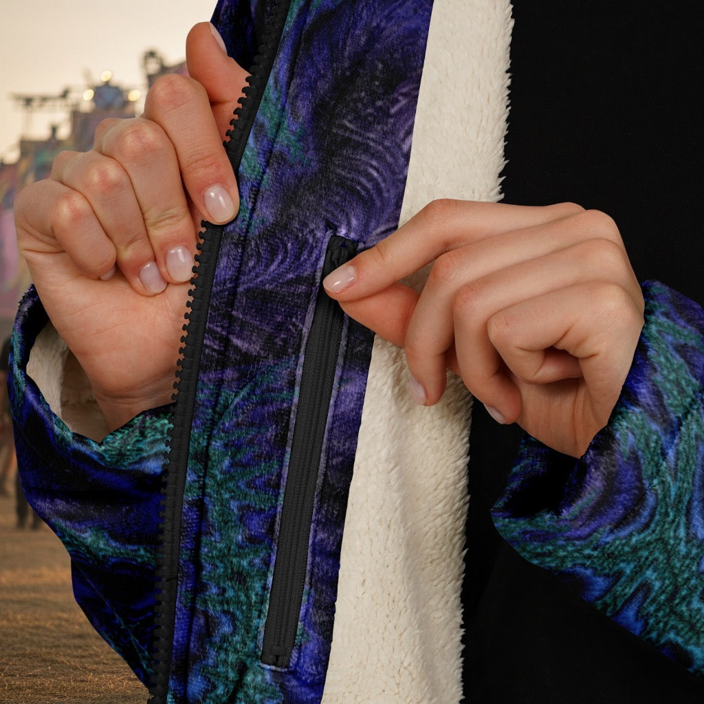 Feathery Fractal Men's Festival Cloak detail view with geometry-inspired rave wear and feathery fractal artwork