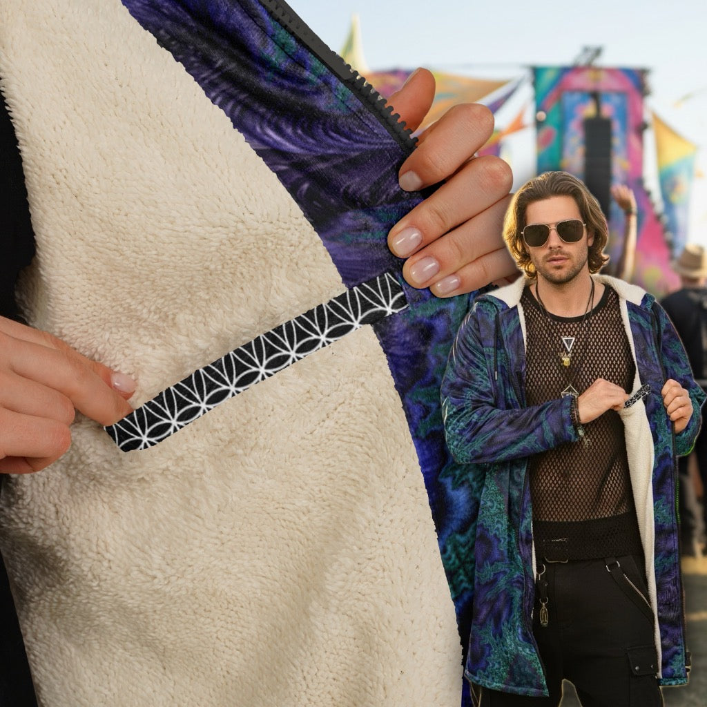 Feathery Fractal Men's Festival Cloak back view with psychedelic pattern and feathery fractal artwork