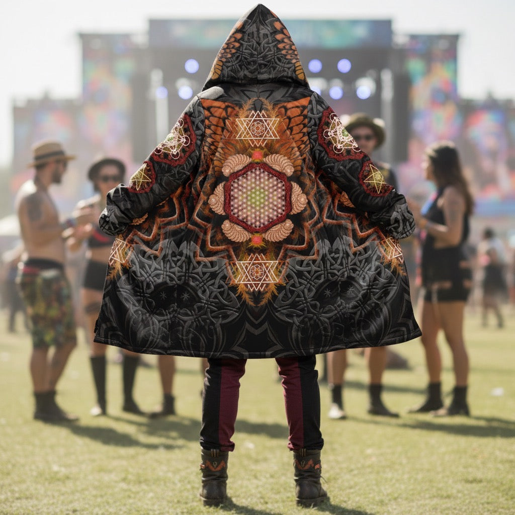 Angel Catcher Orange Men's Festival Cloak front view with psychedelic festival art