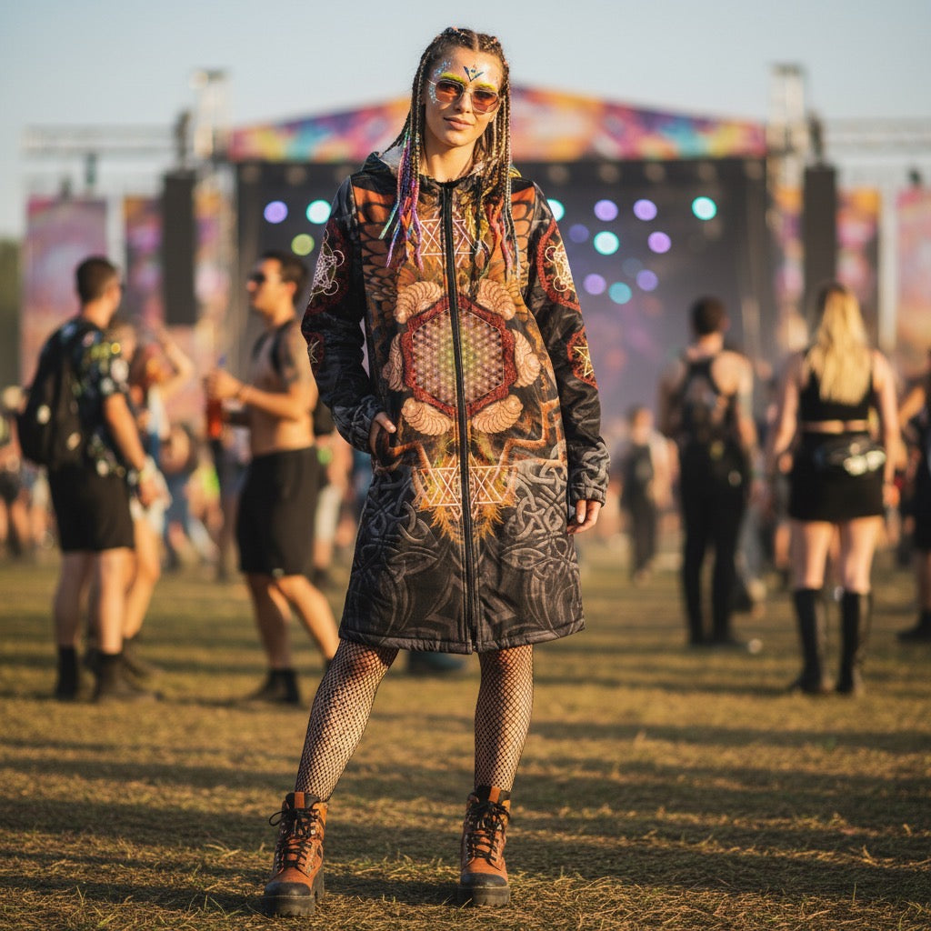 Angel Catcher Orange Women's Festival Cloak front view with psychedelic festival art