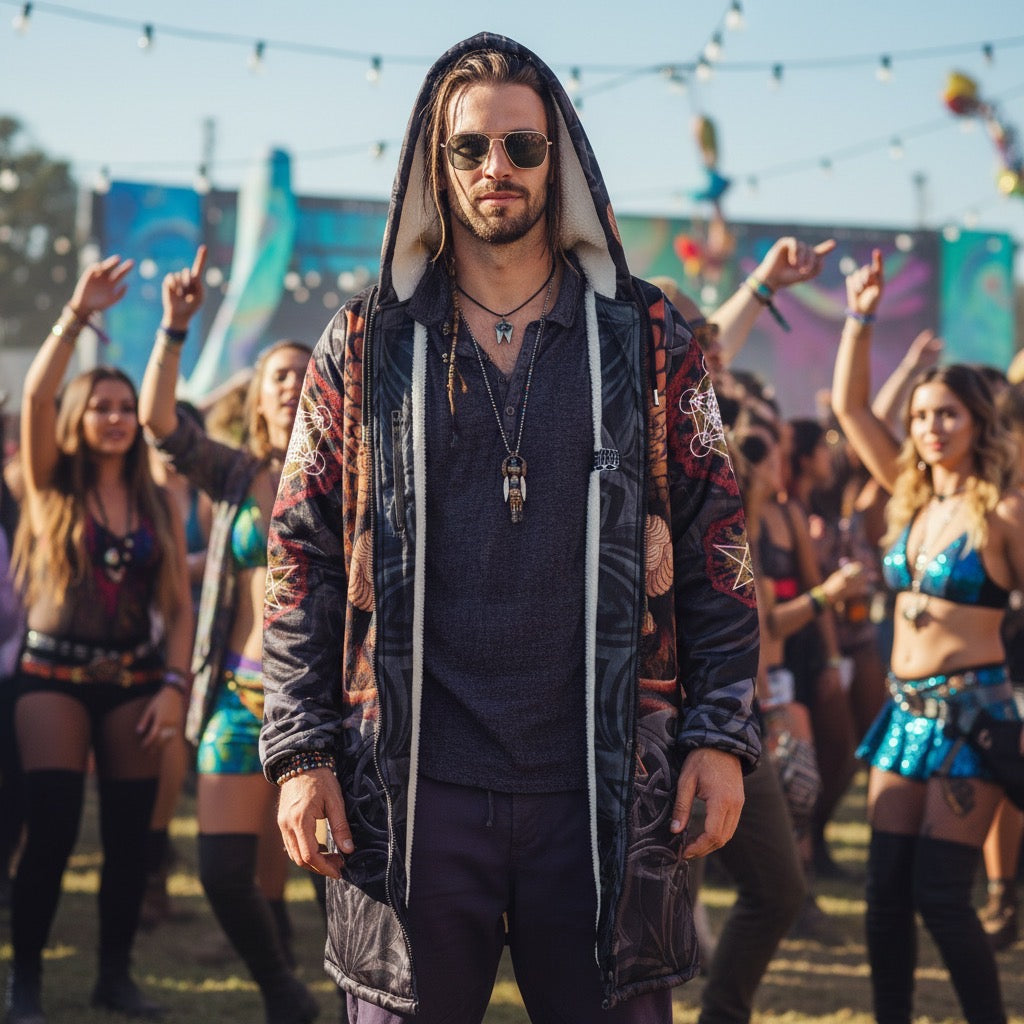 Angel Catcher Orange Men's Festival Cloak detail view with psychedelic festival art