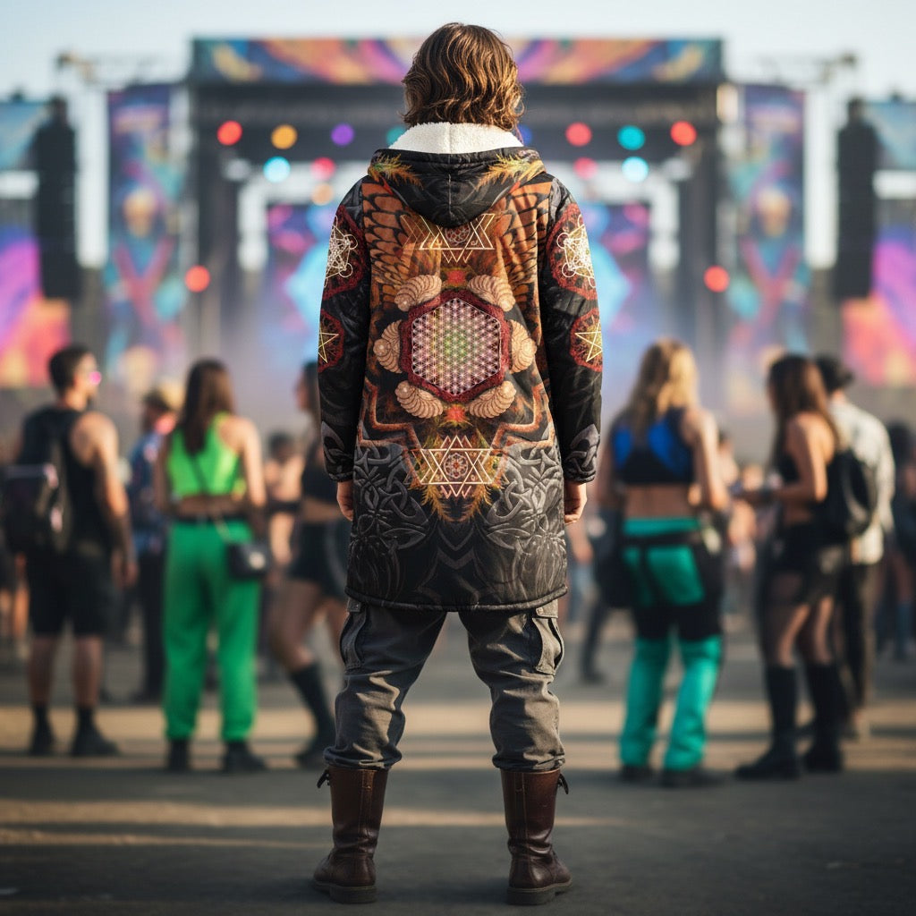 Angel Catcher Orange Men's Festival Cloak back view with psychedelic festival art